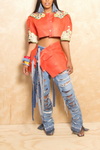 *Orange Embellished Blazer Vintage Two Piece Suit Denim Fringe  S/M