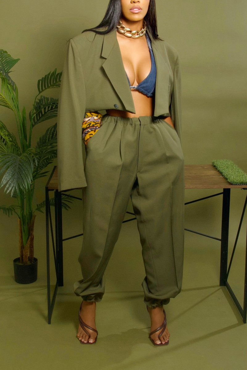 Light olive green jogger crop blazer set