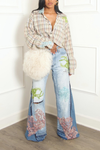 Custom Embellished Beaded sea plaid crop button up vintage (M/L)