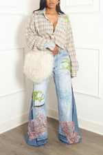 Custom Embellished Beaded sea plaid crop button up vintage (M/L)