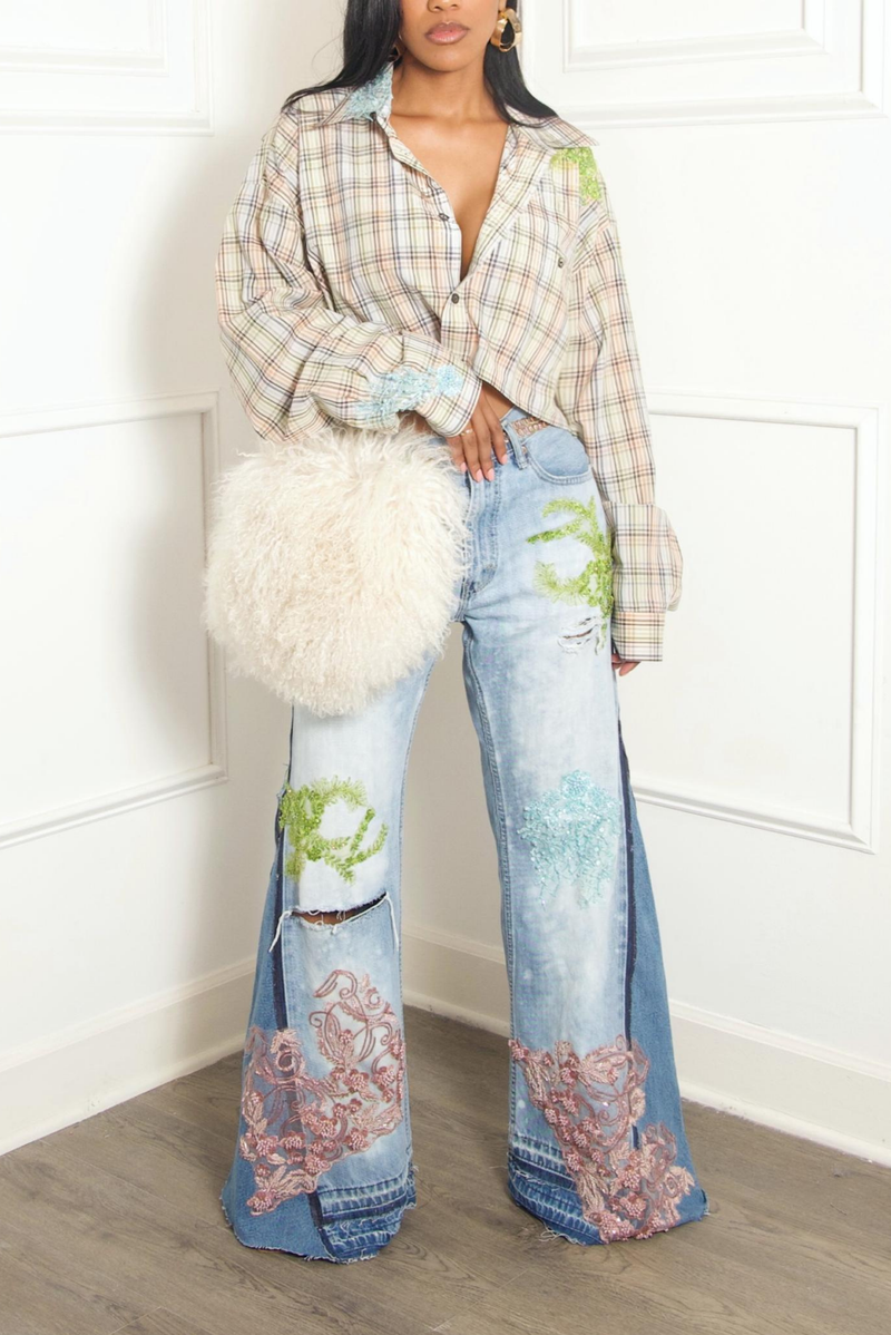 Custom Embellished Beaded sea plaid crop button up vintage (M/L)