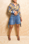 *Mixed Print Crossover Front-Tie Linen Shirt (S)