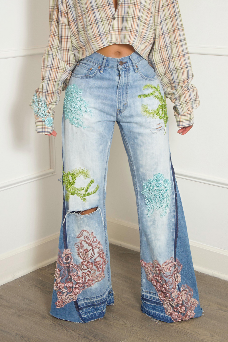 Custom Bleached Embellished Beaded sea wide leg Levi jeans vintage-MTO