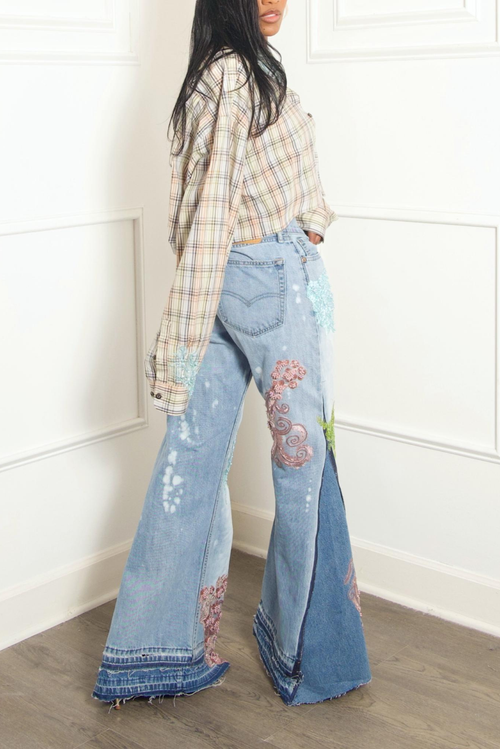 Custom Embellished Beaded sea plaid crop button up vintage (M/L)