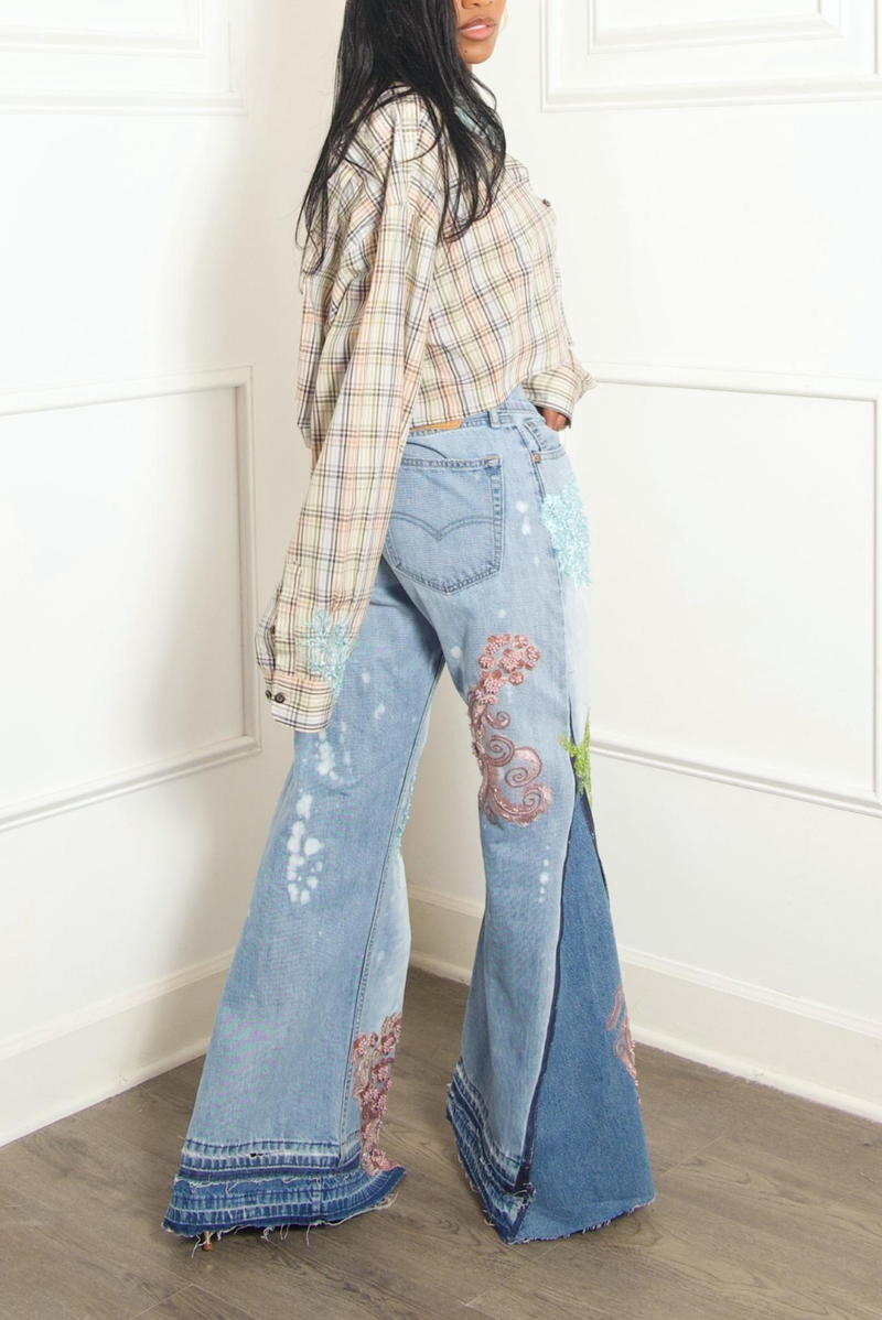 Custom Embellished Beaded sea plaid crop button up vintage (M/L)