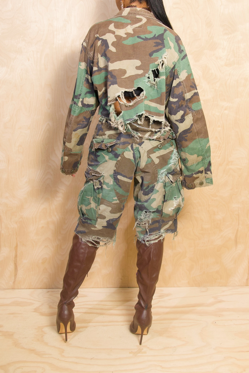 Woodland Camo long sleeve Distressed Crop Jacket