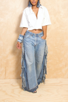 *Light Blue Wide Leg Fringe Jeans
