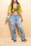 *Yellow Green Leaves silk vintage short sleeve crop top