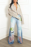 Custom Embellished Beaded sea plaid crop button up vintage (M/L)