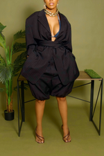 Black pinstripe short sleeve backless belted blazer set