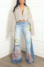 Custom Embellished Beaded sea plaid crop button up vintage (M/L)