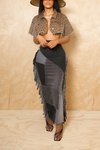 Black & Gray denim patchwork fringe mermaid skirt