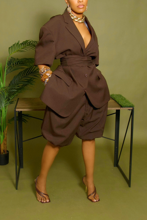 Dark brown belted short sleeve backless blazer set M/L