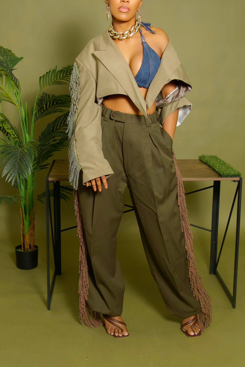 Tan Tassle fringe arm backless crop blazer