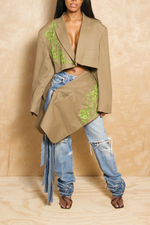 Golden and Green beading  Applicate two piece denim fringe blazer set (L/XL)