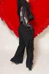 Black elastic waist wide leg fringe pants