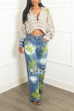 Custom Embellished Beaded sea plaid crop button up vintage (M/L)
