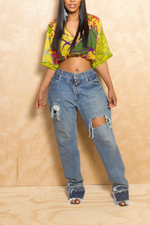 Medium washed Vintage Double waistband Ripped Holes Levi jeans