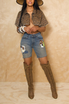 Denim Cheetah Patchwork Bermuda Levi upcycled shorts (XS/S)