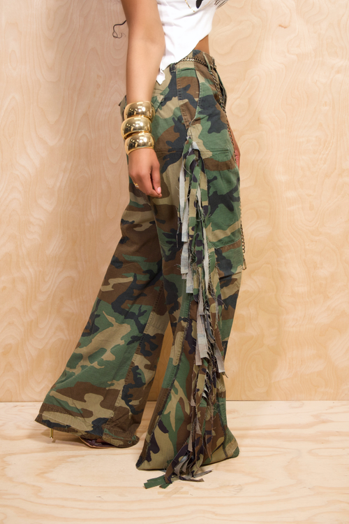 Camo wide leg fringe pants