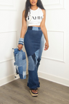 *Denim patchwork mermaid long pencil skirt