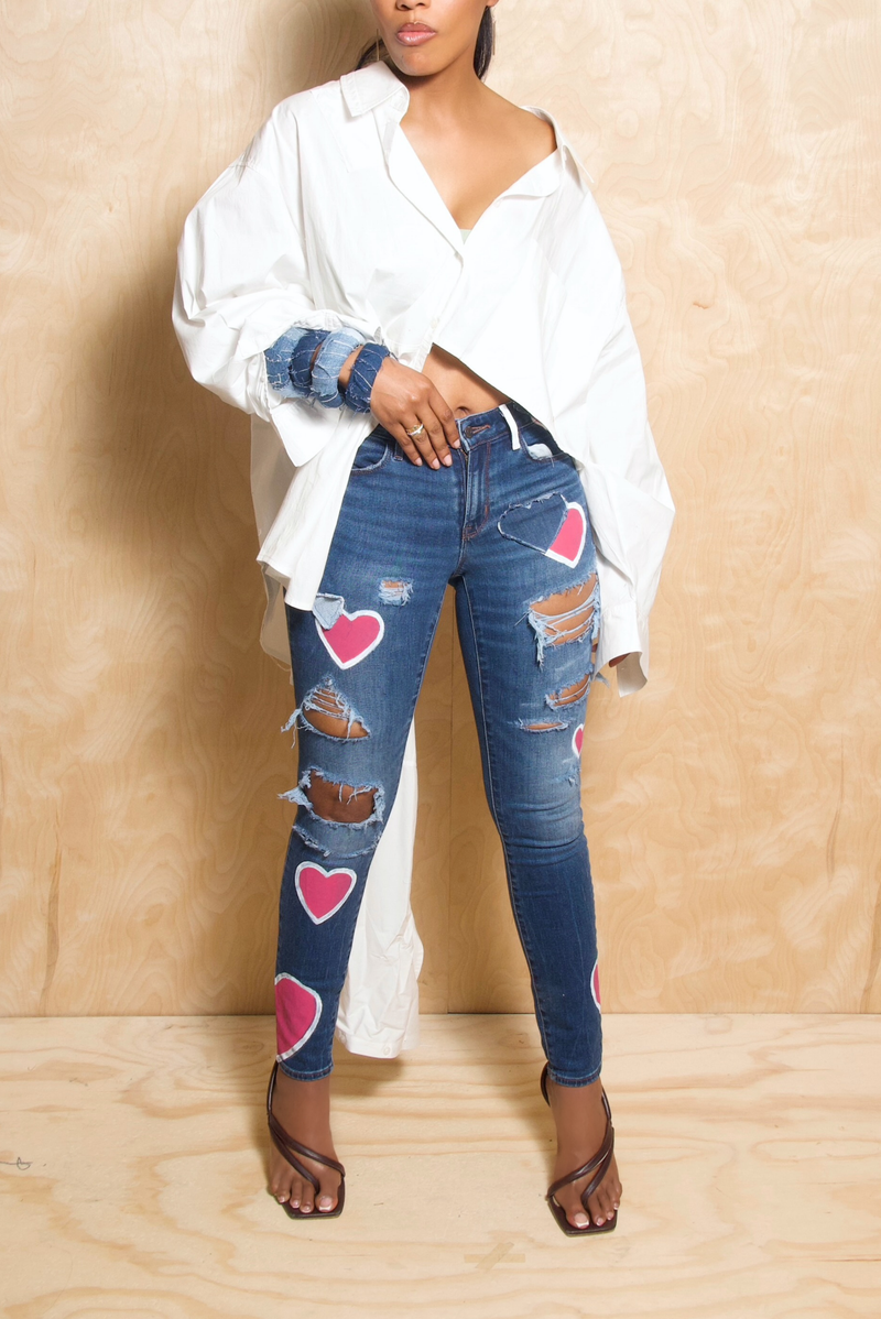 *Heart Skinny Distressed Hole Jeans (2/3)
