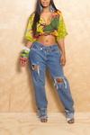 Denim Double waistband Vintage Ripped Holes jeans