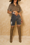 Black Denim Cheetah Patchwork Bermuda Levi upcycled shorts