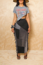 Black & Gray denim patchwork fringe mermaid skirt