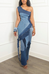 *Denim patchwork mermaid long pencil skirt