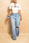 *Light Blue Dark Wide Leg One hole jeans (32-4/6) - FINAL SALE