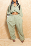 Sage green elastic button up jogger slacks two piece set