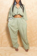 Sage green elastic button up jogger slacks two piece set