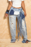 *Two-Tone Patchwork Denim fringe wrap skirt - FINAL SALE