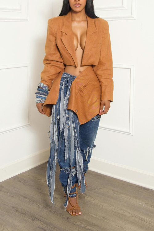 Burnt orange Vintage Two piece suit Denim fringe