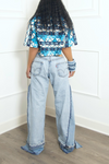 Blue African tribal vintage  Crop Button Up (S/M)