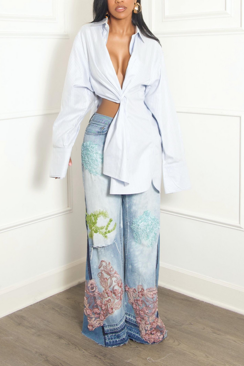 Soft baby blue Button up Split Crossover Shirt vintage