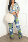 Blue green and tan leaves crop button up (Vintage) (M/L)