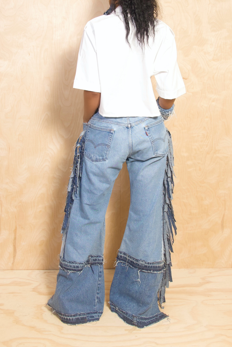 *Classic Blue Denim Wide Leg Fringe Jeans - 38/29