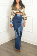 *Denim patchwork mermaid long pencil skirt