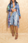 Denim Custom Embellished Beaded elastic wide leg Bermuda shorts