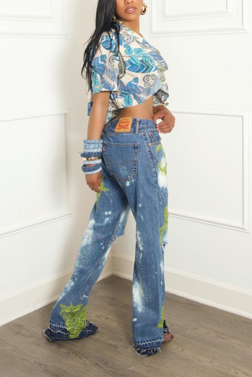 Blue green and tan leaves crop button up (Vintage) (M/L)- FINAL SALE