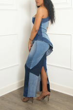 Denim Asymmetrical Dark & light denim stretch top (vintage) -MTO