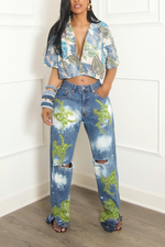 Blue green and tan leaves crop button up (Vintage) (M/L)