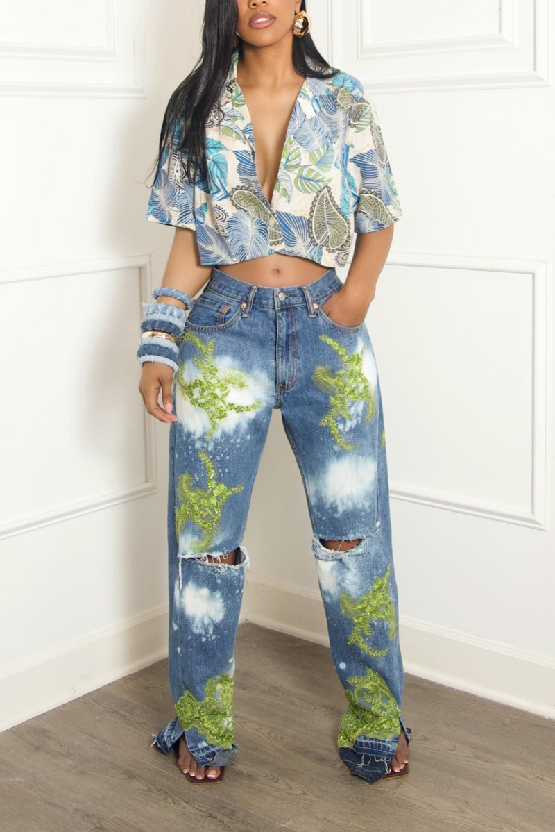 Blue green and tan leaves crop button up (Vintage) (M/L)