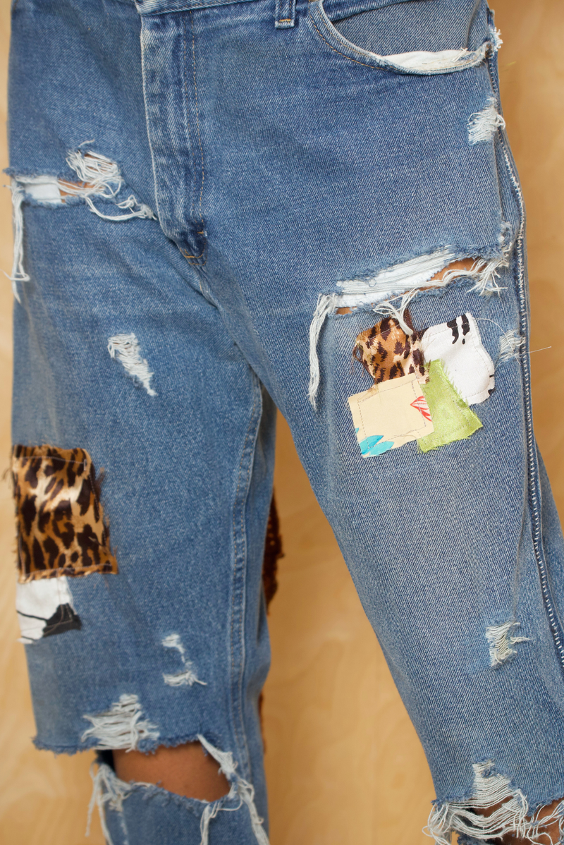 Denim Cheetah Patchwork Wrangler upcycled jeans