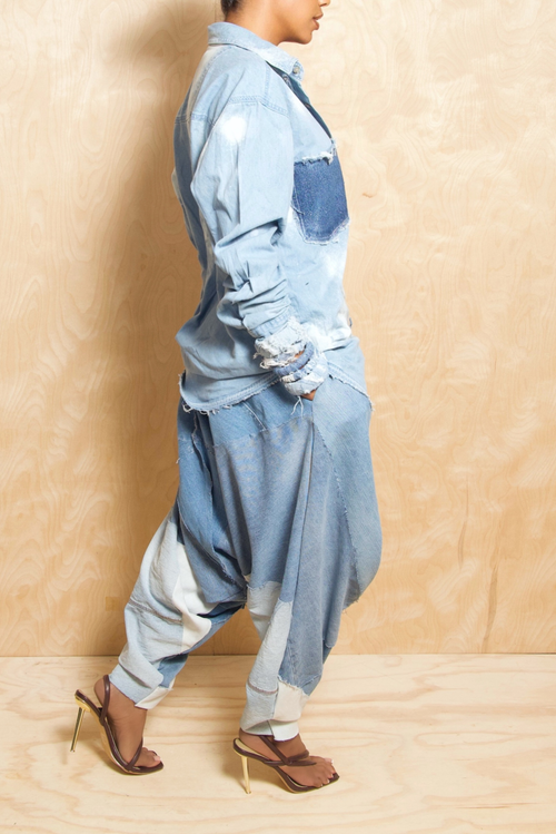 Light denim patchwork harem pants