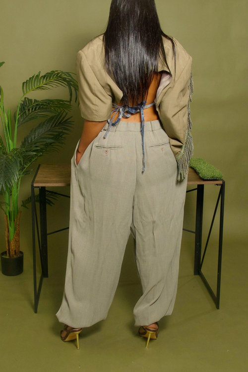 Tan Tassle fringe arm backless crop blazer