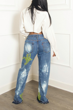 Custom Tye dye bleached Embellished Green Beaded Levi jeans vintage-MTO