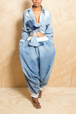 Light denim patchwork harem pants